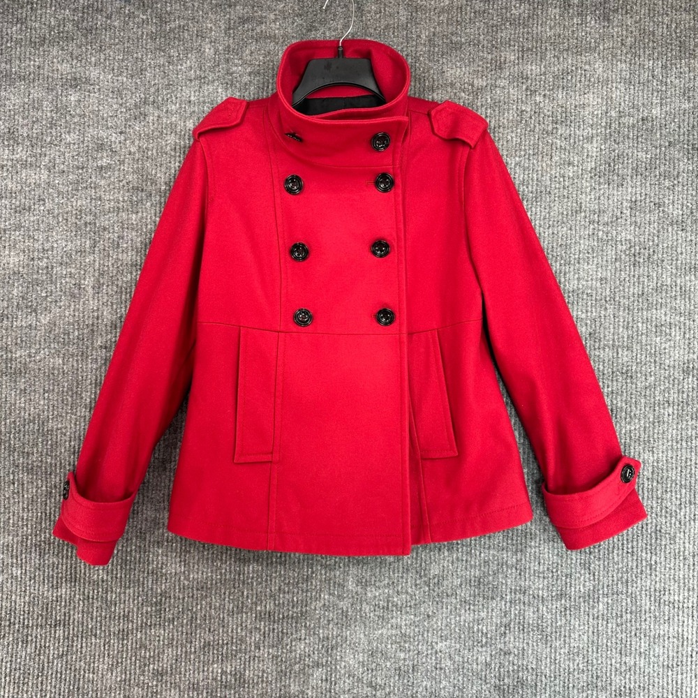 Gap Pea Coat Women Medium Red Excellent Wool Blend Double Breasted Funnel Neck